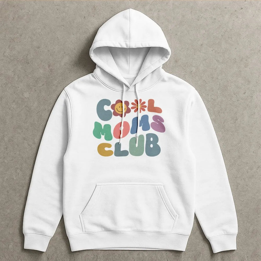 Cool Moms Club Hoodie | Retro Smiley Face Floral Aesthetic | Premium Cotton Blend | Funny Mother's Day 2026 Gift for New Moms and Mom Life Lovers