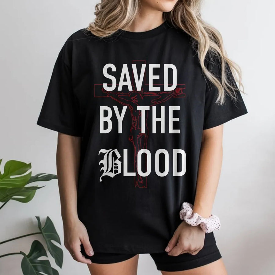 Saved By The Blood T-Shirt | Minimalist Cross Religious Graphic | Premium Soft Cotton Tee | Faith Based Gift For Men Women