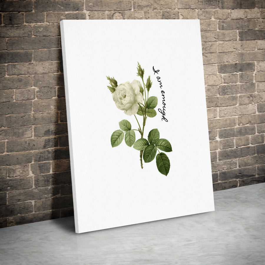 I Am Enough Floral Wall Art | Vintage Botanical White Rose Canvas | Premium Gallery-Wrapped Print | Inspirational Bedroom Decor Gift