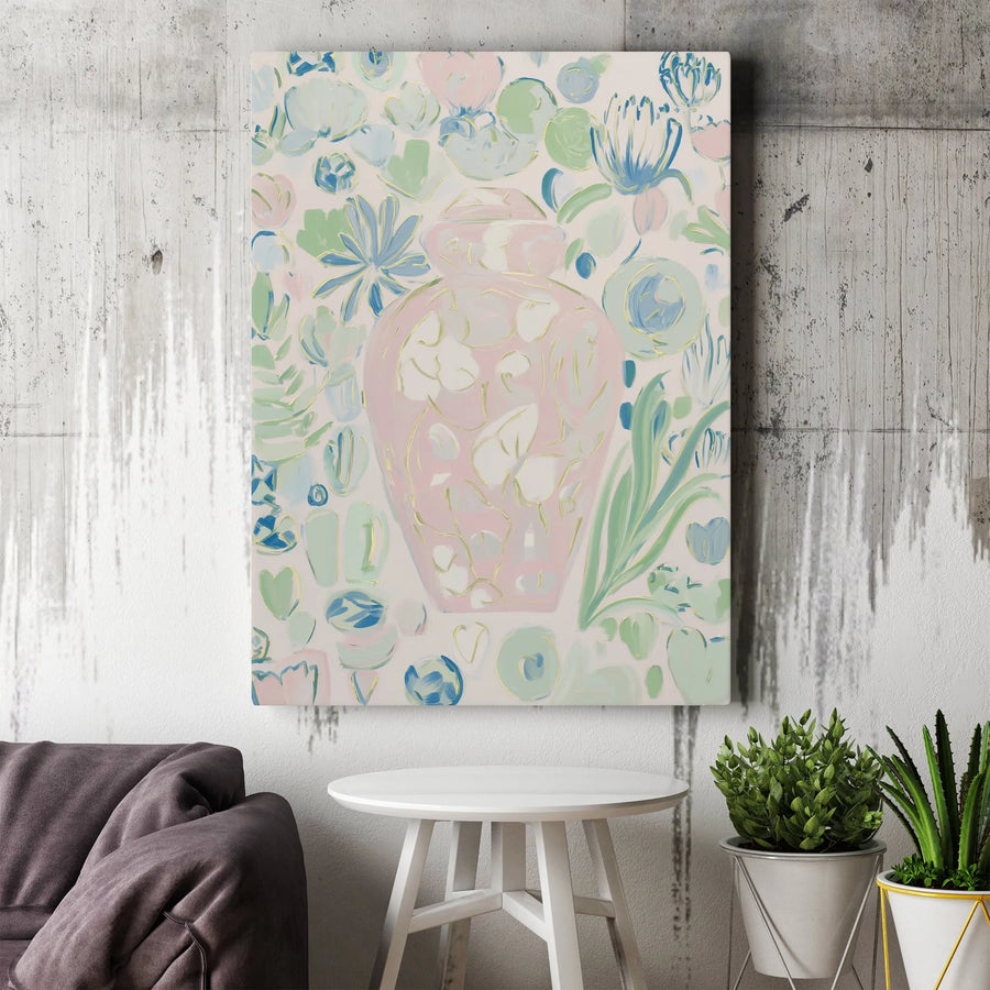 Pastel Floral Vase Canvas Print | Impressionist Ginger Jar Art | Premium Gallery Wrapped Canvas | Grandmillennial Living Room Decor