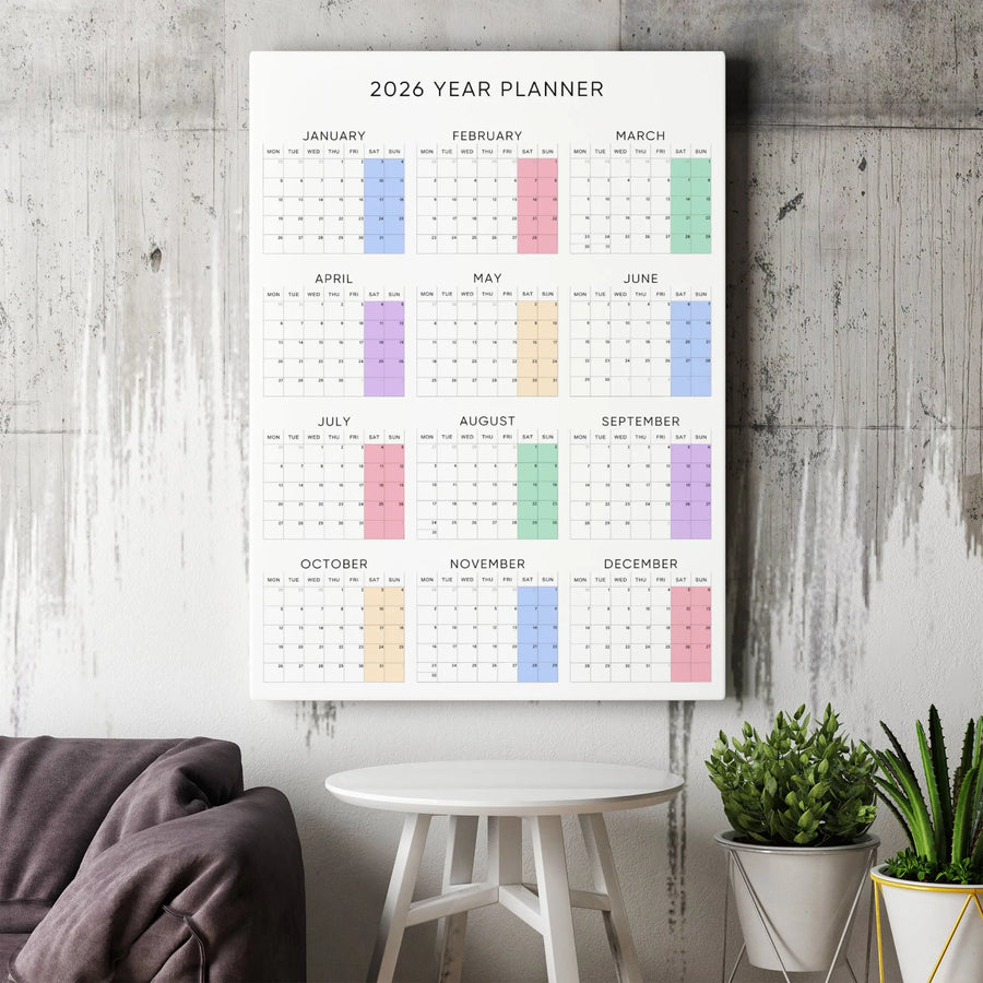 2026 Year Planner Canvas Wall Art | Colorful Minimalist Yearly Calendar | Premium Gallery Wrapped Decor | Modern Office & Home Planning Gift
