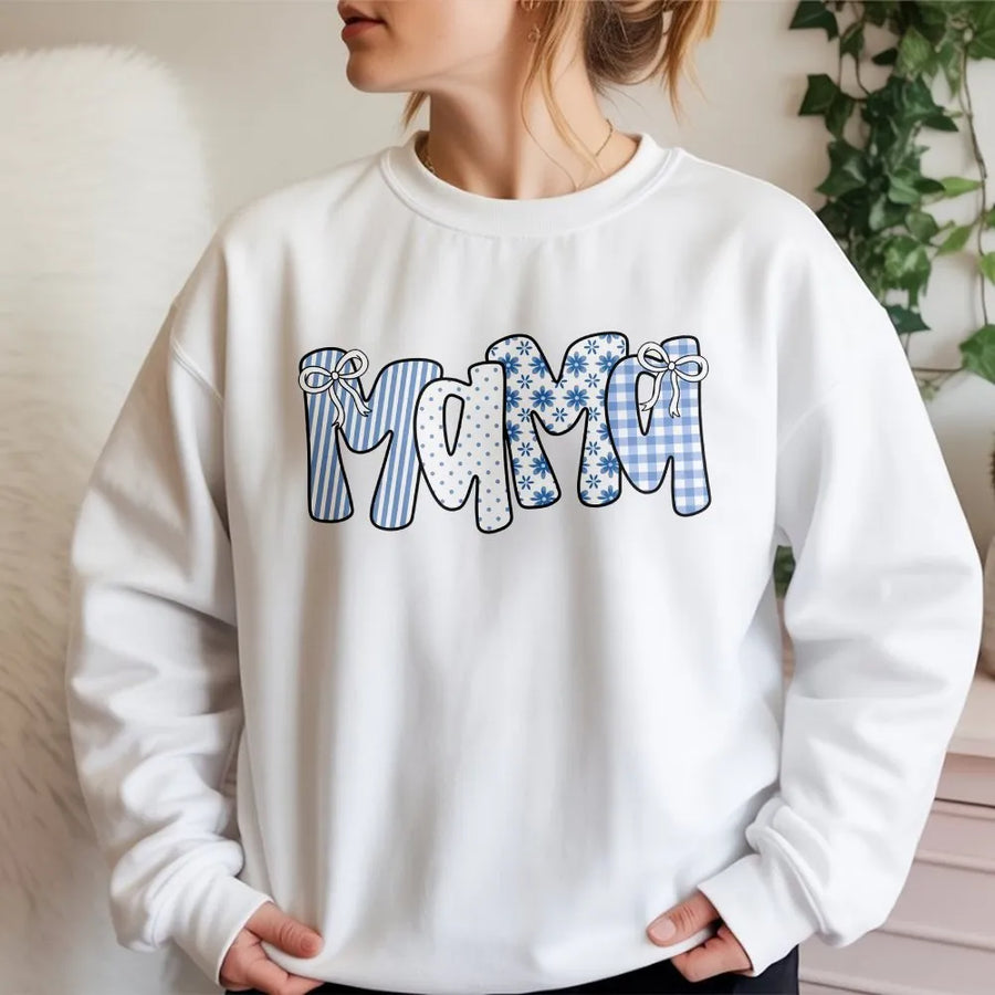 Mama Sweatshirt | Cute Blue Gingham & Floral Lettering | Cozy Cotton Blend Pullover | Gift for New Mom, Mothers Day Present