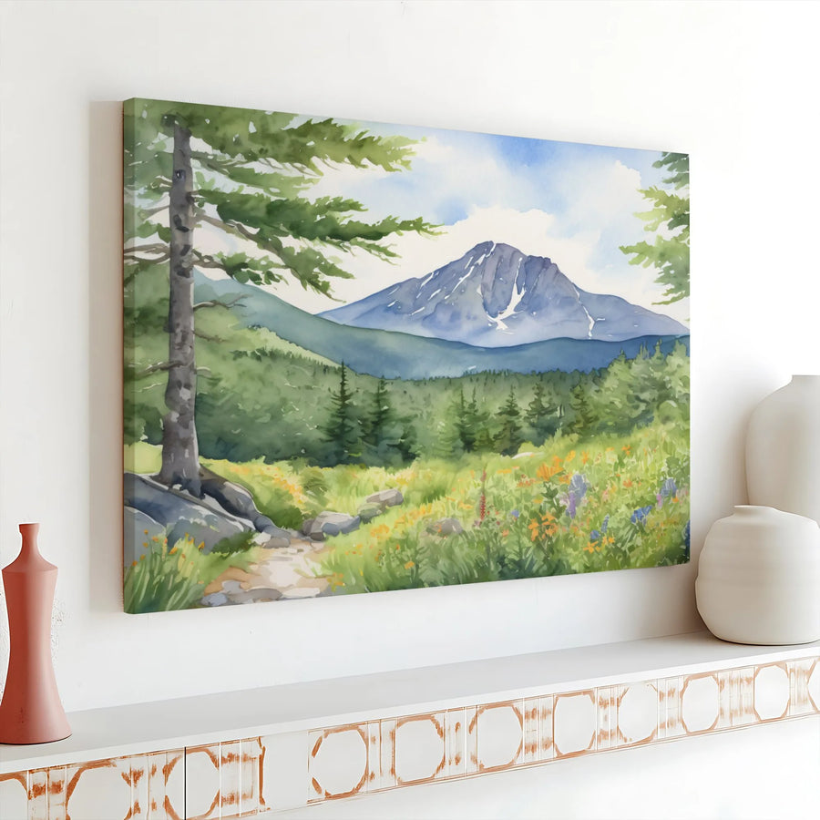Mountain Landscape Canvas Print | Watercolor Wildflower Meadow Art | 1.25 Inch Gallery Wrap | Nature Home Decor Wall Art