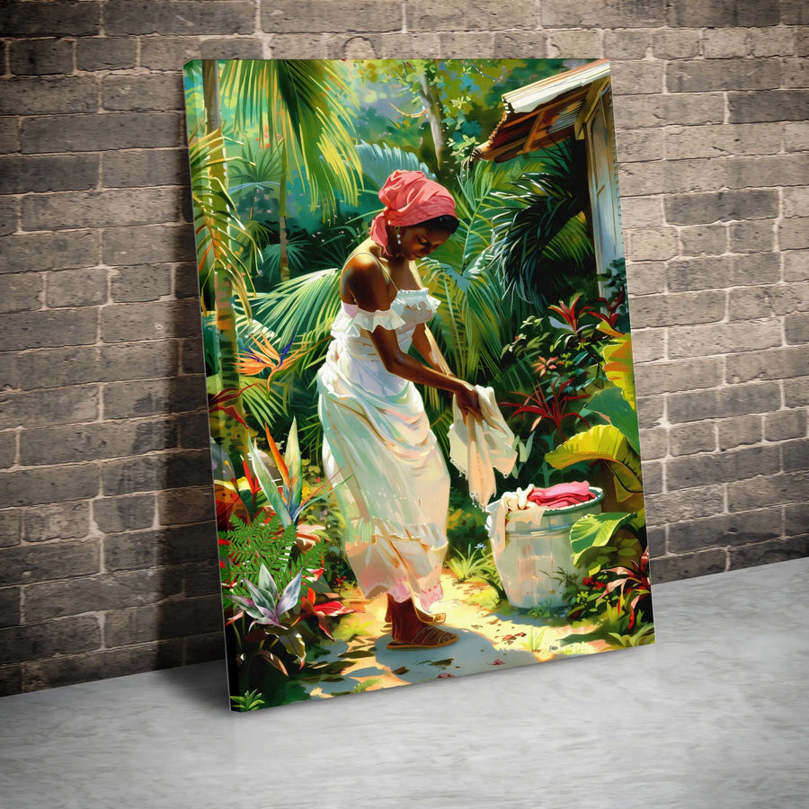 Black Woman Art Canvas | Tropical Garden Laundry Scene | Premium Gallery-Wrapped Print | Cultural Wall Decor for Home Office