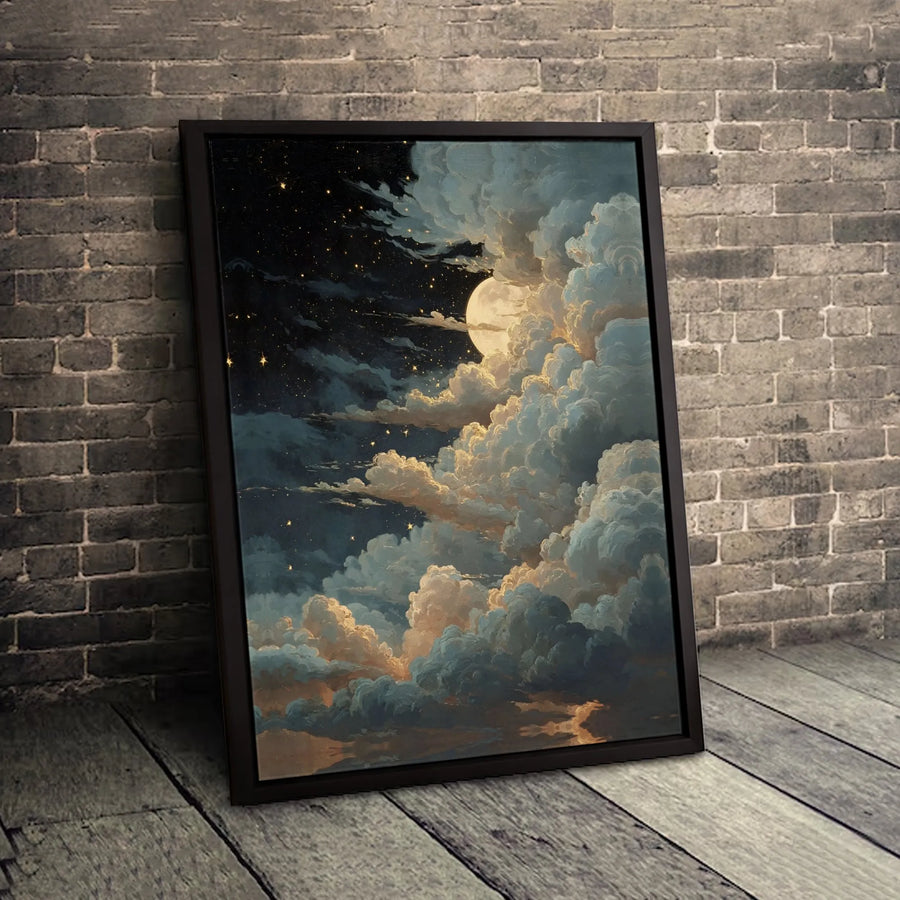 Night Sky Moon Canvas Wall Art | Celestial Cloud Painting | Premium Gallery Wrap Print | Dreamy Bedroom Living Room Home Decor
