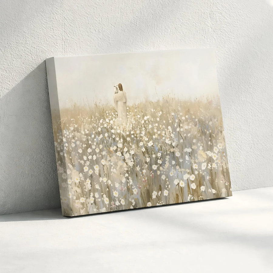 Jesus Holding A Lamb Canvas Wall Art | Watercolor Floral Meadow Print | Premium 1.25-inch Gallery Profile | Religious Home Decor Gift