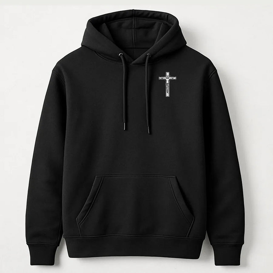 Crucifix Hoodie | Minimalist Jesus Cross Chest Graphic | Premium 100% Cotton | Religious Faith Gift for Men & Women