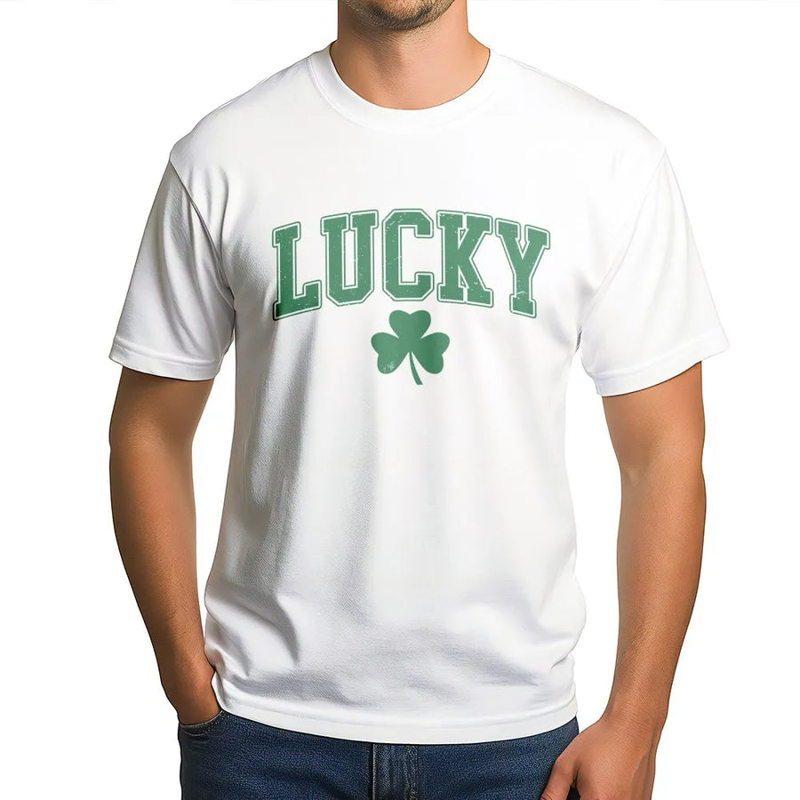 Lucky Shamrock St Patricks Day T-Shirt | Retro Varsity Lettering Graphic | Premium 100% Cotton Apparel | St Paddy’s Day Gift For Men And Women