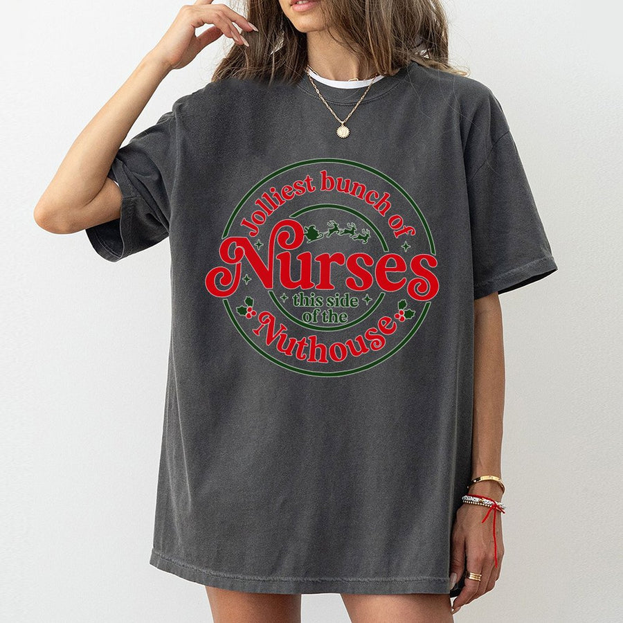Jolliest Bunch Of Nurses T-Shirt | Funny Christmas Nursing Humor Graphic | Premium 100% Cotton Tee | Gift for RN, LPN, and Nursing Students