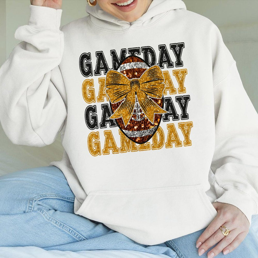 Gameday Football Hoodie | Gold Glitter Bow Graphic Design | Premium Cotton Blend | Gift for Football Mom or Fan