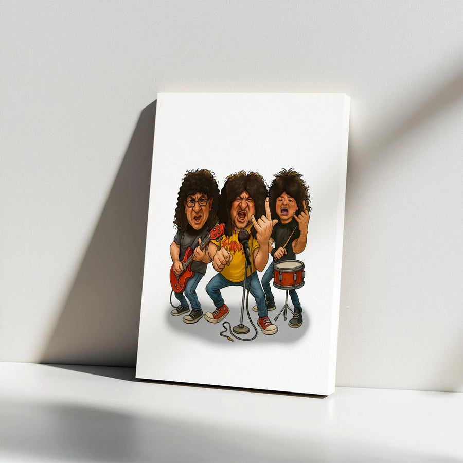 Rock Band Caricature Canvas Wall Art | Funny Music Trio Illustration | Premium 1.25-Inch Gallery Wrap | Gift for Guitarist Drummer Musician