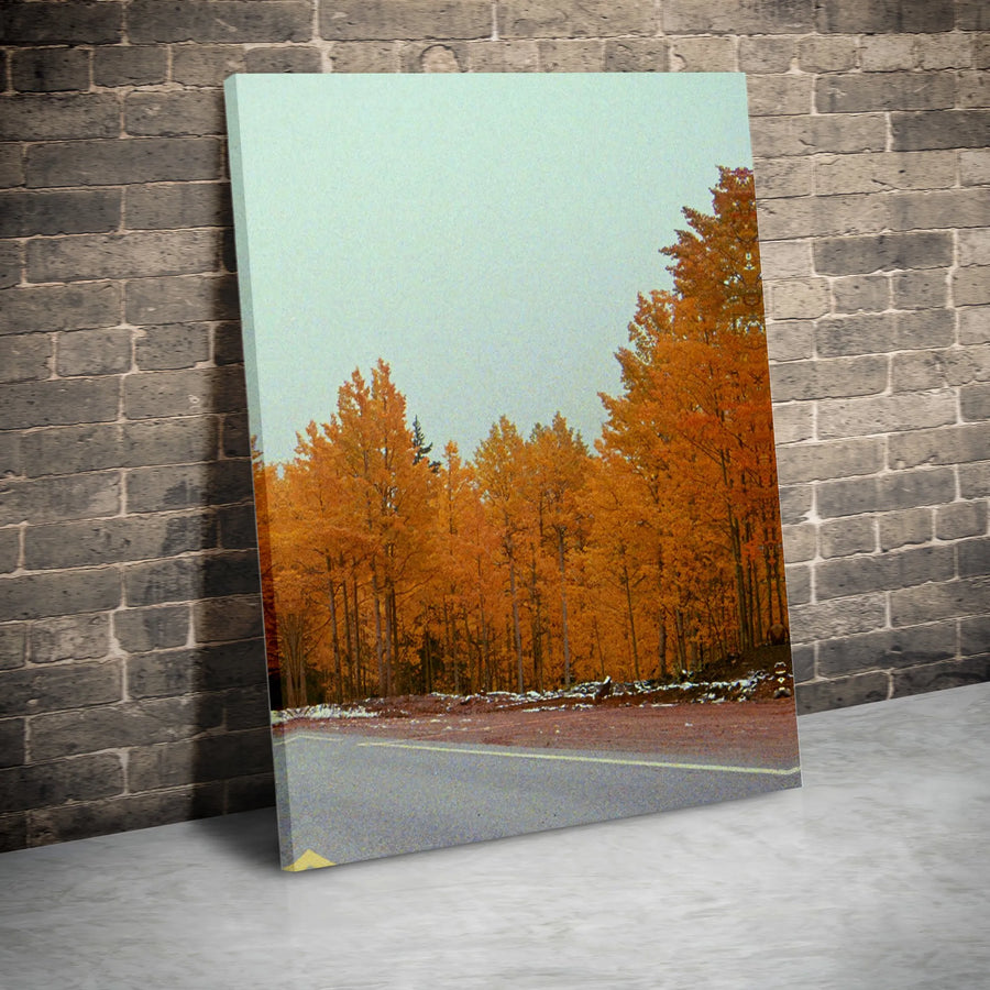 Autumn Forest Road Canvas Print | Snowy Fall Landscape Wall Art | Gallery Wrapped 1.25" Premium Wood Frame | Cozy Seasonal Nature Home Decor