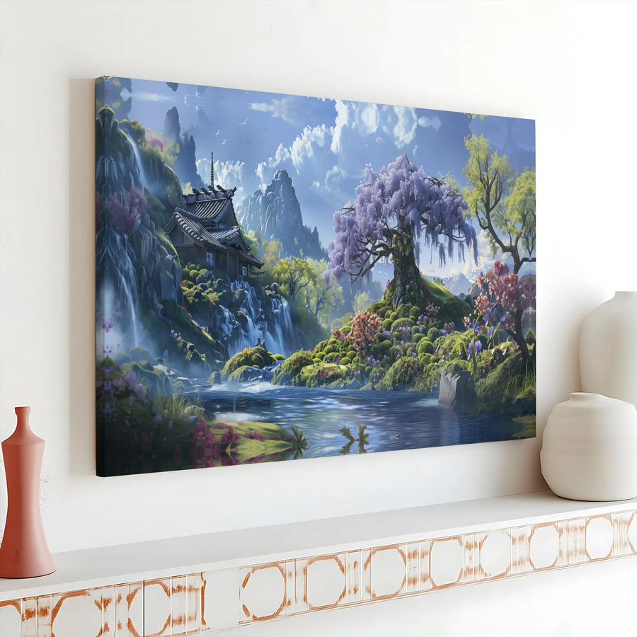 Japanese Garden Canvas Art | Wisteria Tree & Temple Waterfall | Premium Thick Gallery Wrap | Zen Meditation Room Decor Gift
