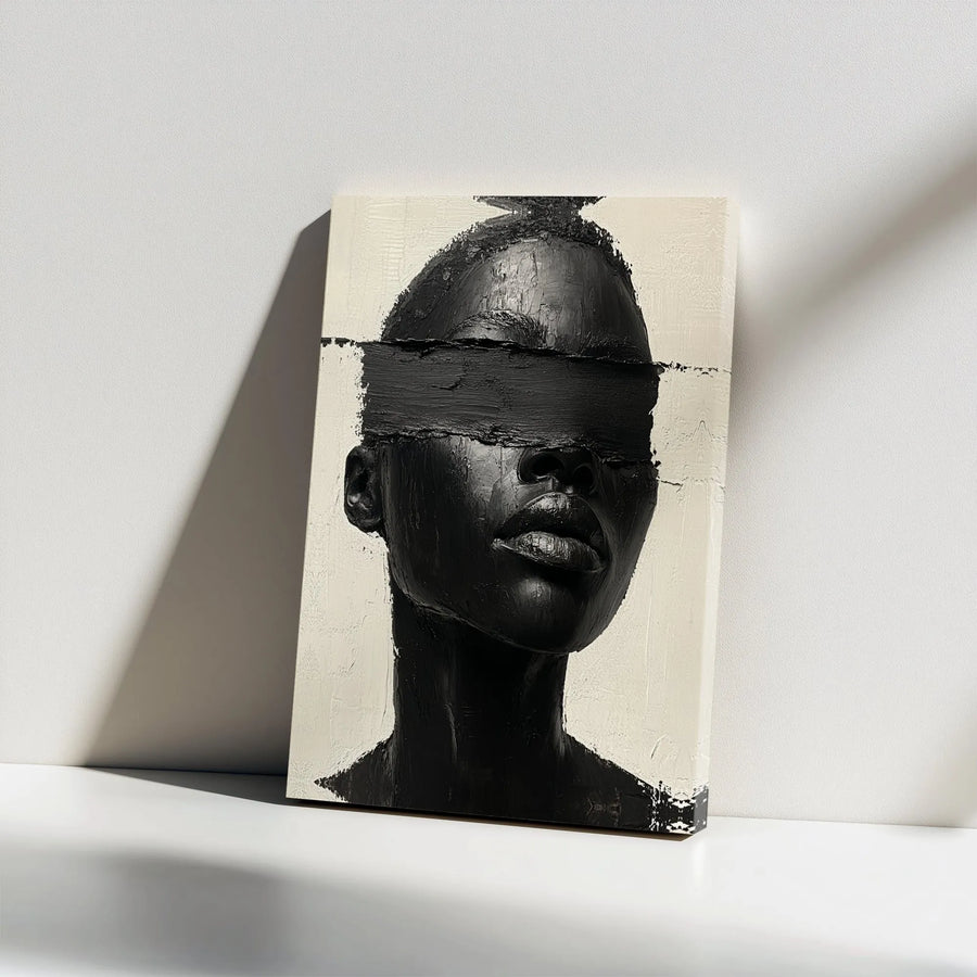 Black Woman Abstract Canvas Art | Textured Blindfold Portrait Print | Premium Gallery Wrap Canvas | Modern Minimalist Home Decor Gift