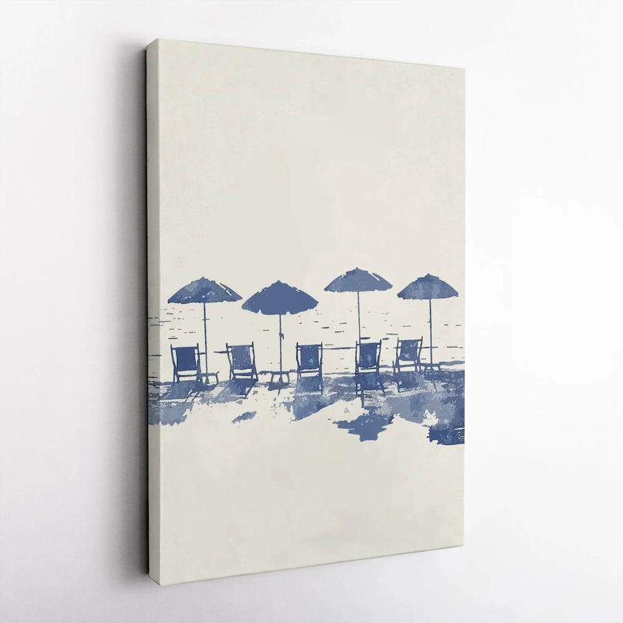 Coastal Beach Canvas Wall Art | Blue Watercolor Umbrellas and Chairs Print | Premium 1.25-Inch Gallery Wrap | Serene Ocean Decor for Home Office