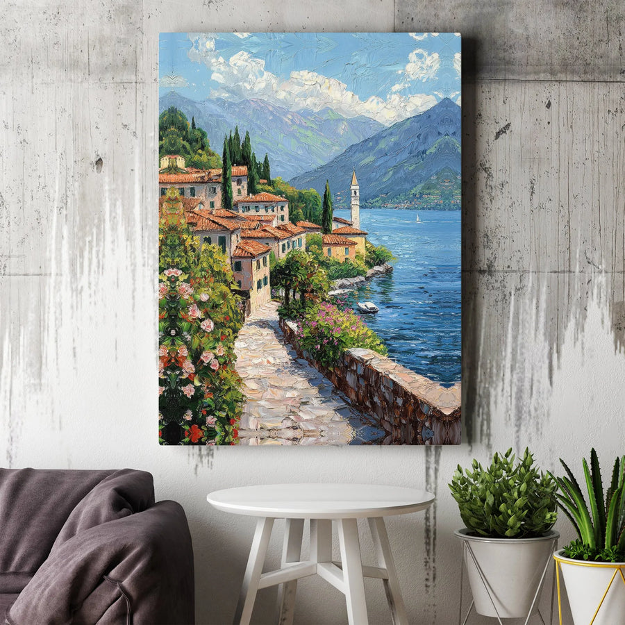 Italian Lakeside Village Canvas Wall Art | Vibrant Impressionist Landscape Print | Premium Gallery Wrapped Canvas | Living Room Decor Gift for Traveler