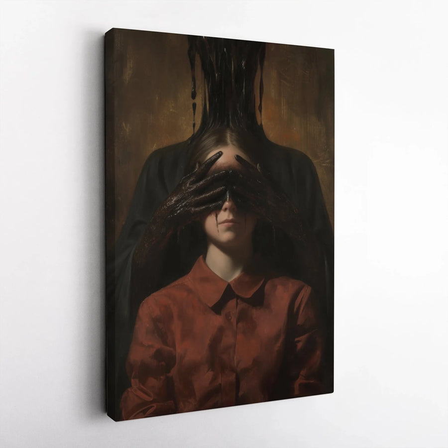 Gothic Surrealist Wall Art | Dark Figure Covering Eyes Painting | Premium 1.25" Gallery Canvas | Moody Home Decor for Alternative Spaces