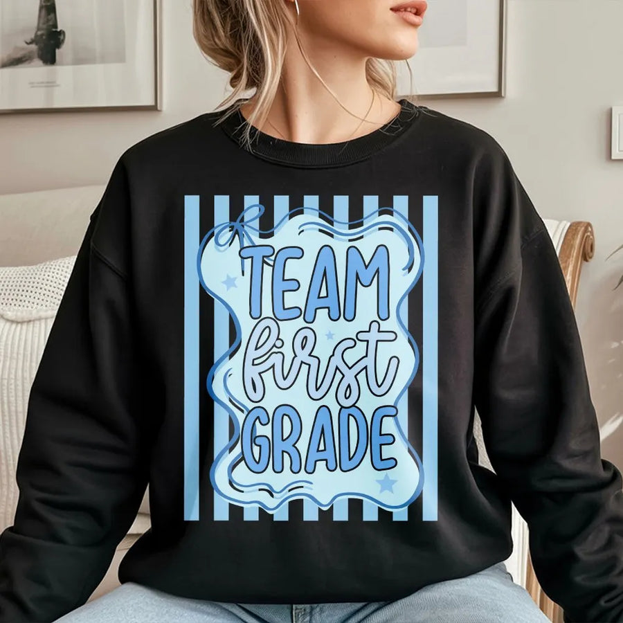 First Grade Teacher Team Shirt | Cute Back to School Striped Design | Premium Soft Cotton Tee | Gift for Elementary Teacher Squad