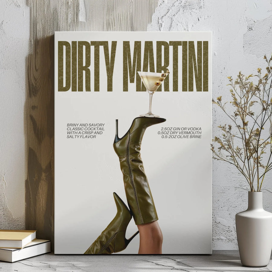 Dirty Martini Wall Art | Fashion Cocktail Recipe Print | Gallery Wrap Canvas | Kitchen Decor For Women Bar Cart Enthusiasts