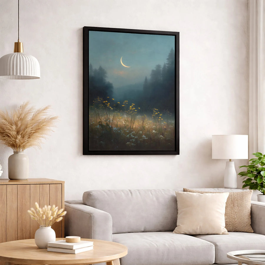 Crescent Moon Wall Art | Misty Forest Wildflower Field Print | Premium 1.25" Gallery Canvas | Dreamy Nature Decor for Bedroom or Living Room