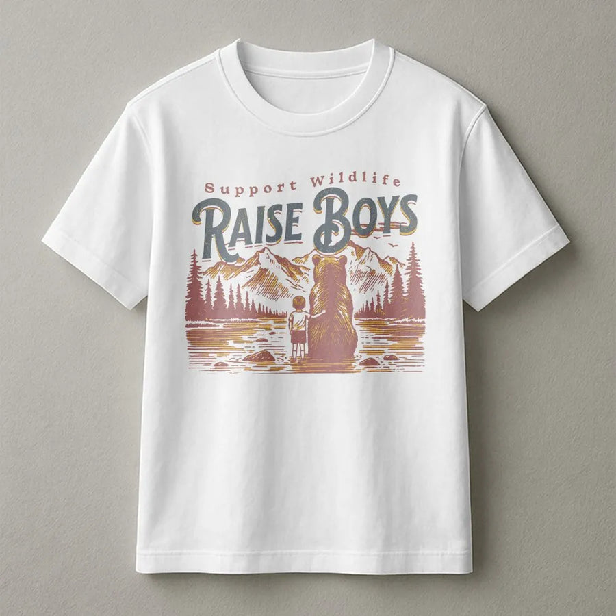 Support Wildlife Raise Boys T-Shirt | Funny Mama Bear Graphic Tee | Premium Cotton Comfort Colors Shirt | Nature Lover Gift for Mom