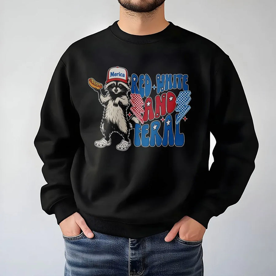 Red White and Feral Sweatshirt | Funny Patriotic Raccoon Graphic | Premium Cotton Blend | 4th of July Independence Day Gift