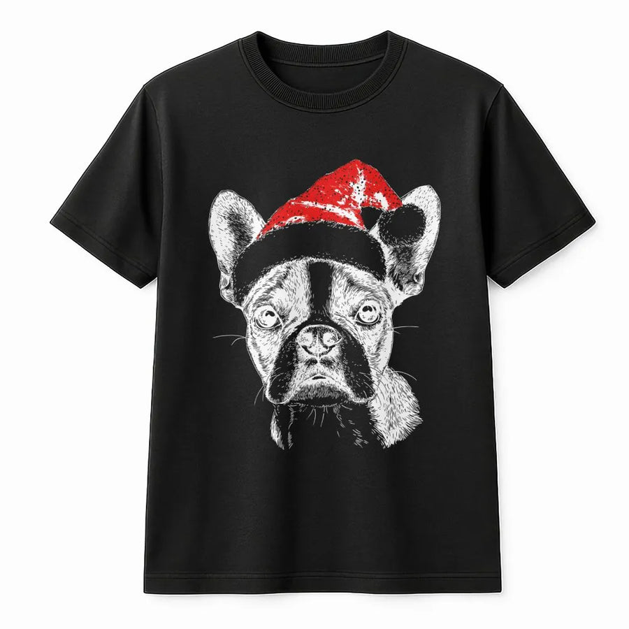 Boston Terrier Christmas T-Shirt | Santa Hat Frenchie Graphic | Premium Cotton Unisex Tee | Cute Holiday Dog Lover Gift for Him and Her