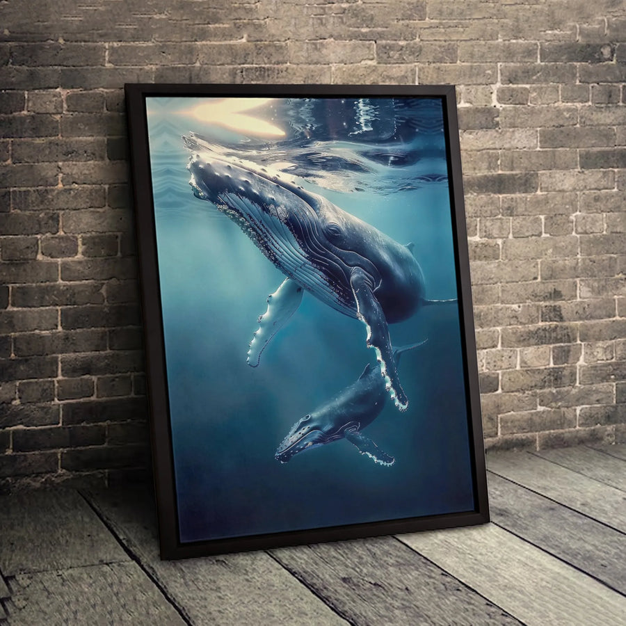 Humpback Whale Canvas Wall Art | Underwater Mother and Calf Scene | Premium Gallery-Wrapped Print | Coastal Living Room Decor Gift