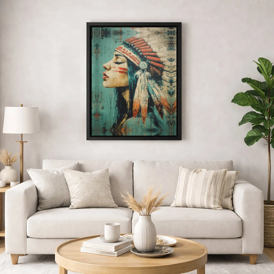 Native American Woman Wall Art | Abstract Feather Headdress Portrait | Premium Gallery Wrapped Canvas | Cultural Home Decor Gift