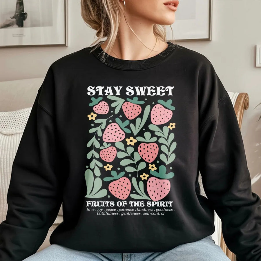 Fruits of the Spirit Sweatshirt | Boho Strawberry Bible Verse Design | Premium Cotton-Blend | Christian Gift for Women, Retro Jesus Apparel