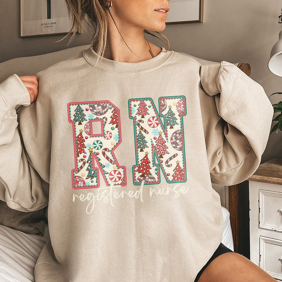 RN Registered Nurse Sweatshirt | Festive Holiday Tree Pattern | Cotton-Polyester Premium Blend | Christmas Nurse Gift for Her