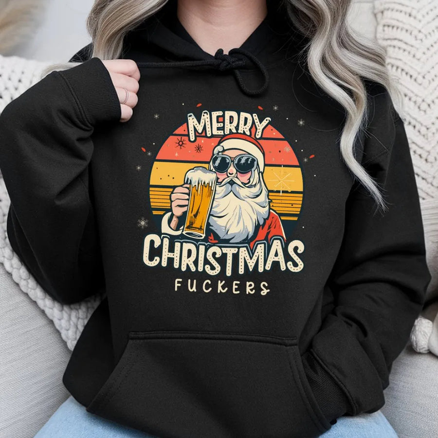 Funny Santa Hoodie | Retro Beer Drinking Santa Graphic | Premium Unisex Fleece Pullover | Offensive Sarcastic Christmas Gift For Adults