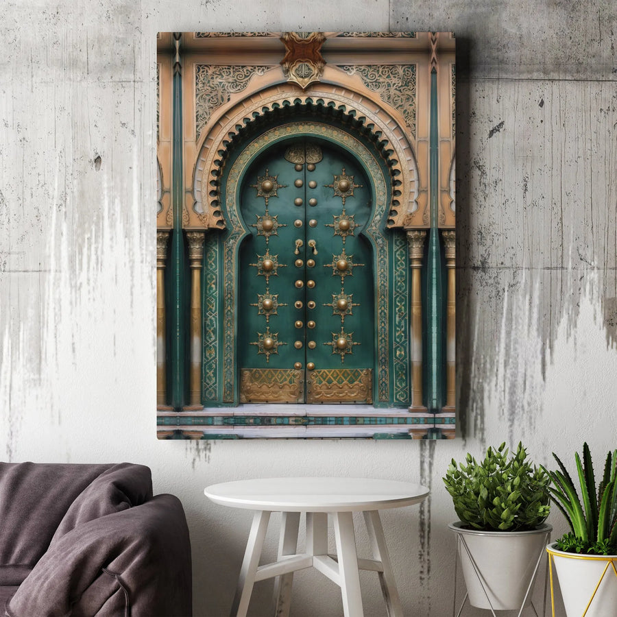 Moroccan Arched Door Canvas Wall Art | Ornate Green and Gold Architectural Print | Gallery Quality 1.25-inch Profile | Elegant Home Office Decor Gift