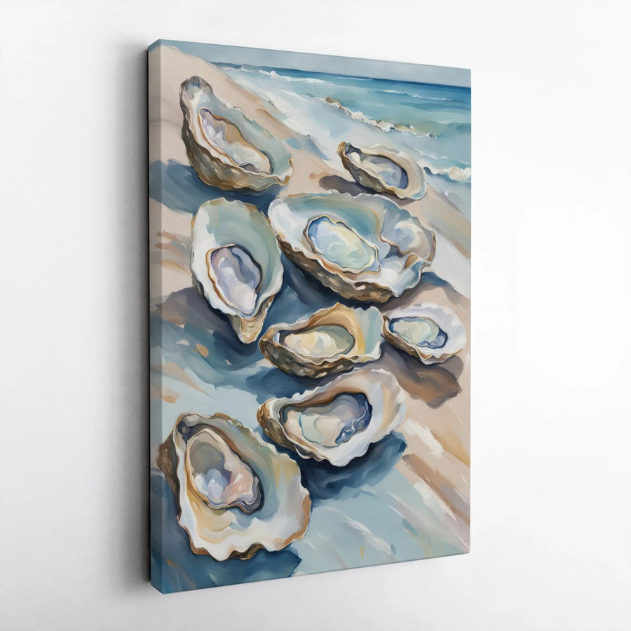 Oyster Painting Canvas Print | Modern Coastal Painting with Beach Scene | Thick Gallery Wrap Canvas | Nautical Kitchen Decor Gift for Seafood Lovers