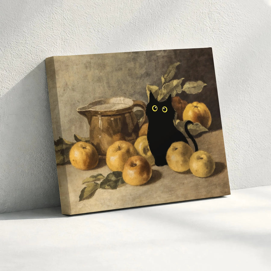 Black Cat Still Life Canvas Print | Whimsical Vintage Oil Painting Style | Premium Gallery Wrapped Decor | Unique Gift for Cat Lovers