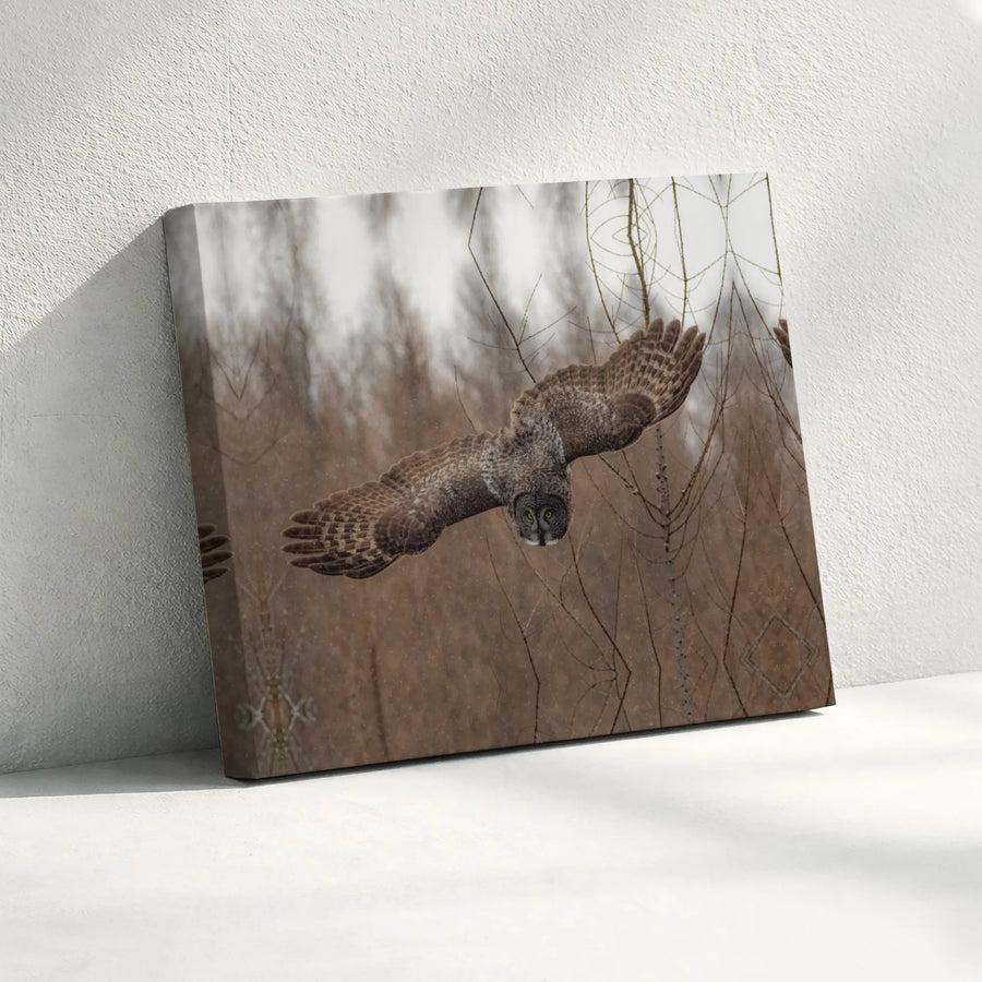 Great Grey Owl Canvas Print | Flying Wildlife Photography Wall Art | Premium Gallery Wrapped 1.25" Profile | Nature Lover Gift & Office Decor