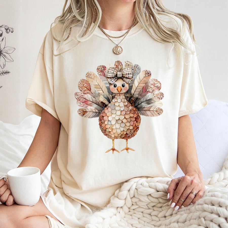 Coquette Turkey T-Shirt | Cute Glitter Bow Thanksgiving Design | 100% Cotton Premium Tee | Trendy Fall Aesthetic Gift For Her
