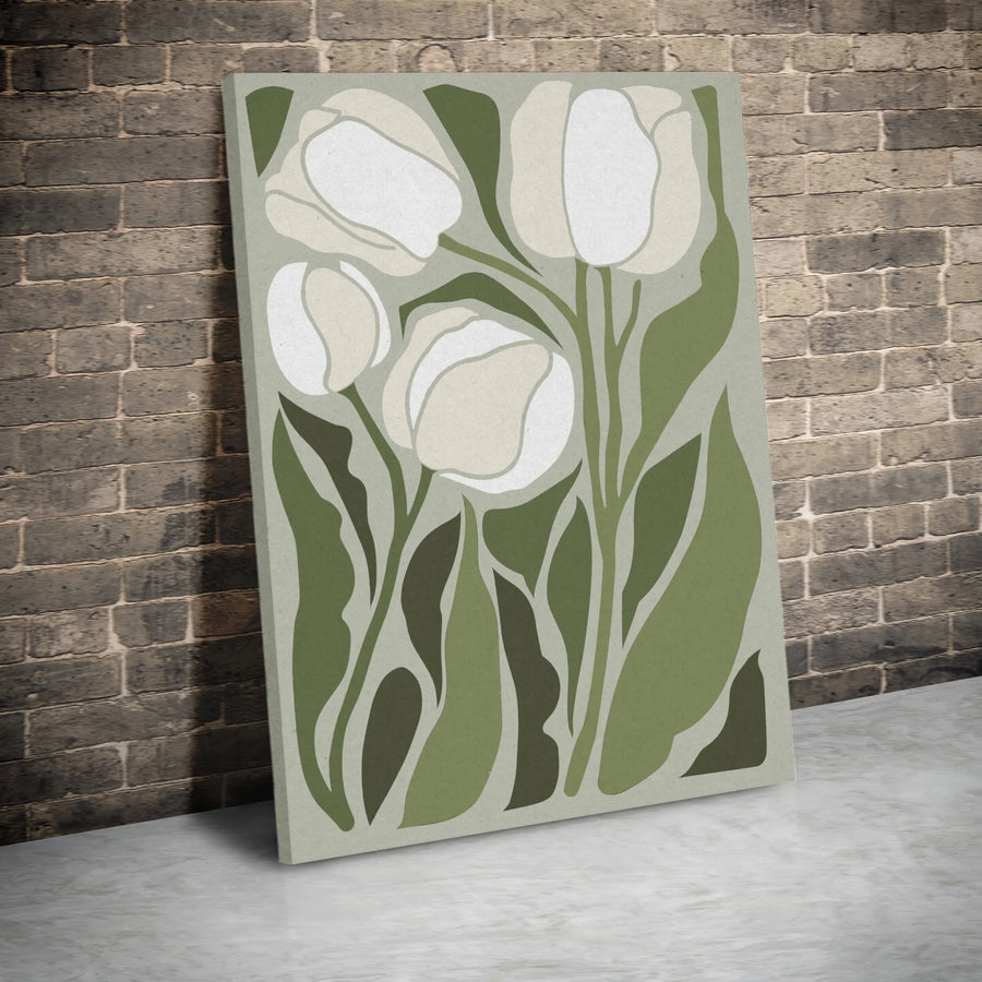 Minimalist White Tulip Canvas Wall Art | Sage Green Botanical Decor | Premium 1.25" Gallery Wrap | Modern Farmhouse Living Room Gift