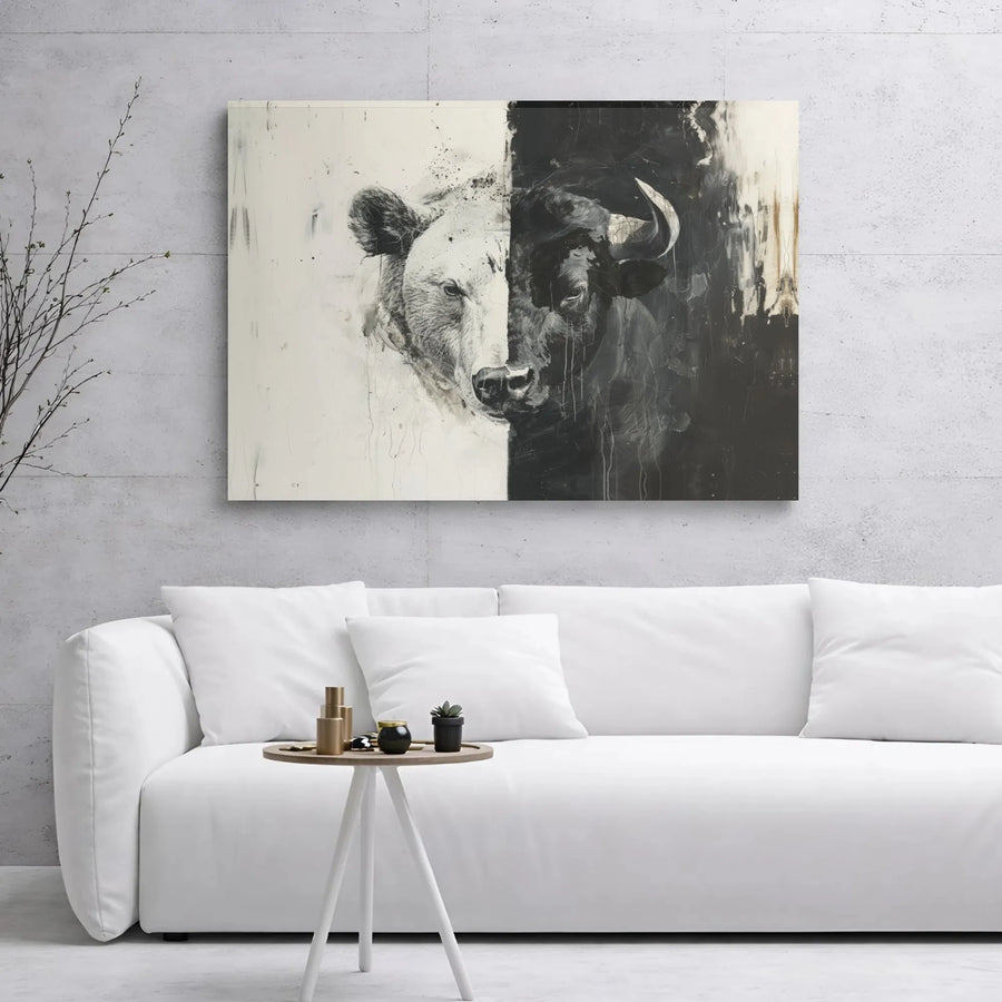 Bull And Bear Canvas Art | Split Face Stock Market Wall Decor | Premium Gallery Wrap Print | Financial Office Motivation Gift