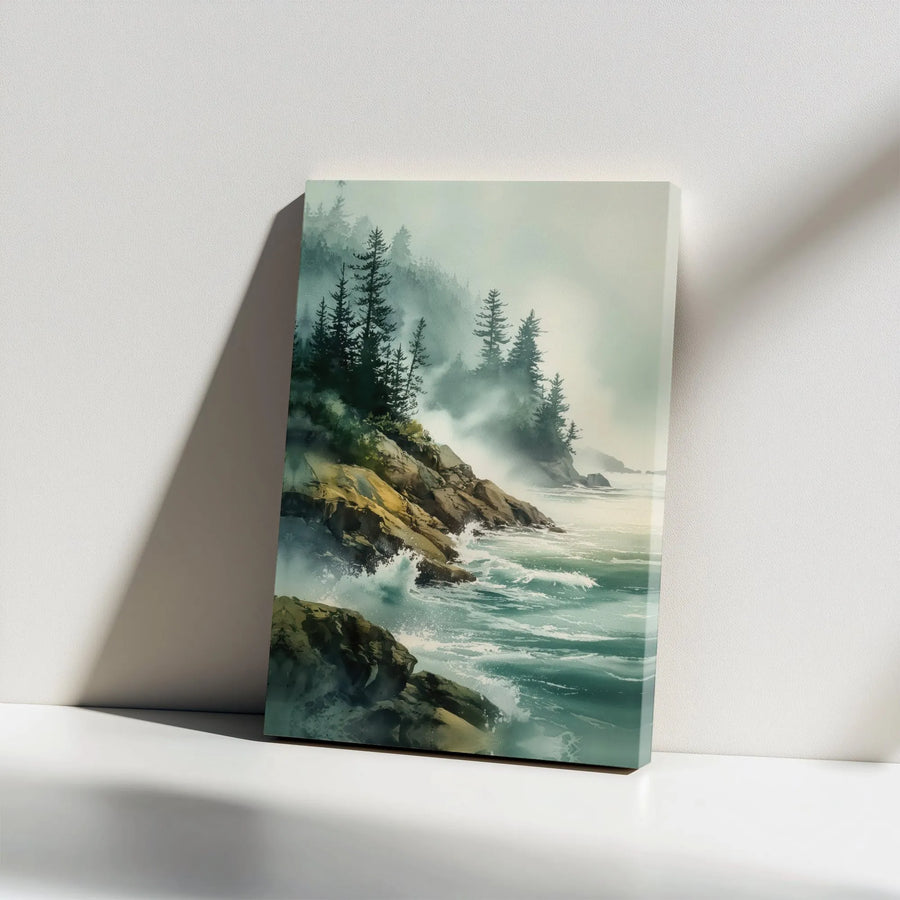 Misty Coastal Wall Art | Watercolor Ocean Landscape with Pine Forest | Premium Gallery Wrapped Canvas | Living Room Decor Gift