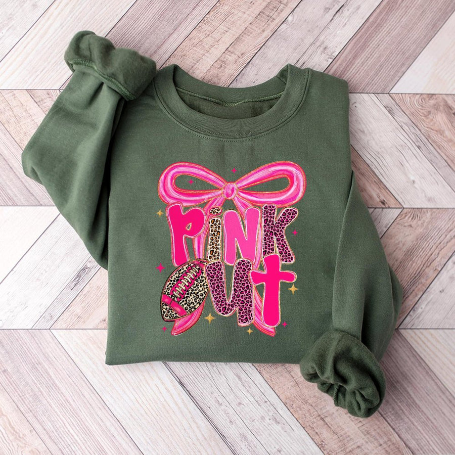 Pink Out Football Sweatshirt | Coquette Bow Leopard Print Design | Premium Cotton-Poly Blend | Game Day Apparel for Women and Football Moms