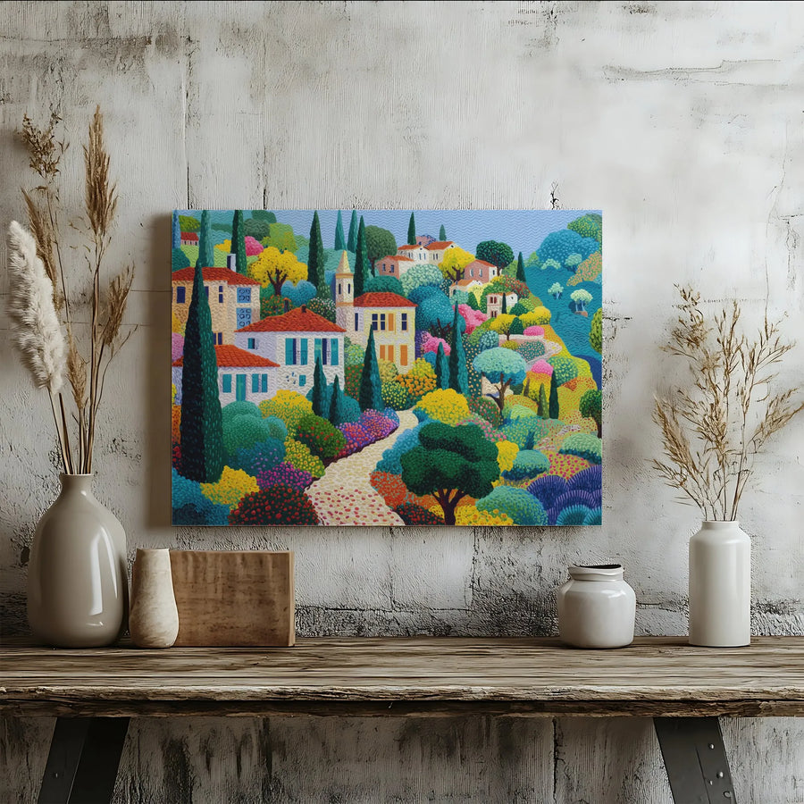 Mediterranean Village Canvas Art | Colorful Italian Coast Painting Print | Premium Gallery Wrapped Canvas | Living Room Decor Gift for Travel Lovers