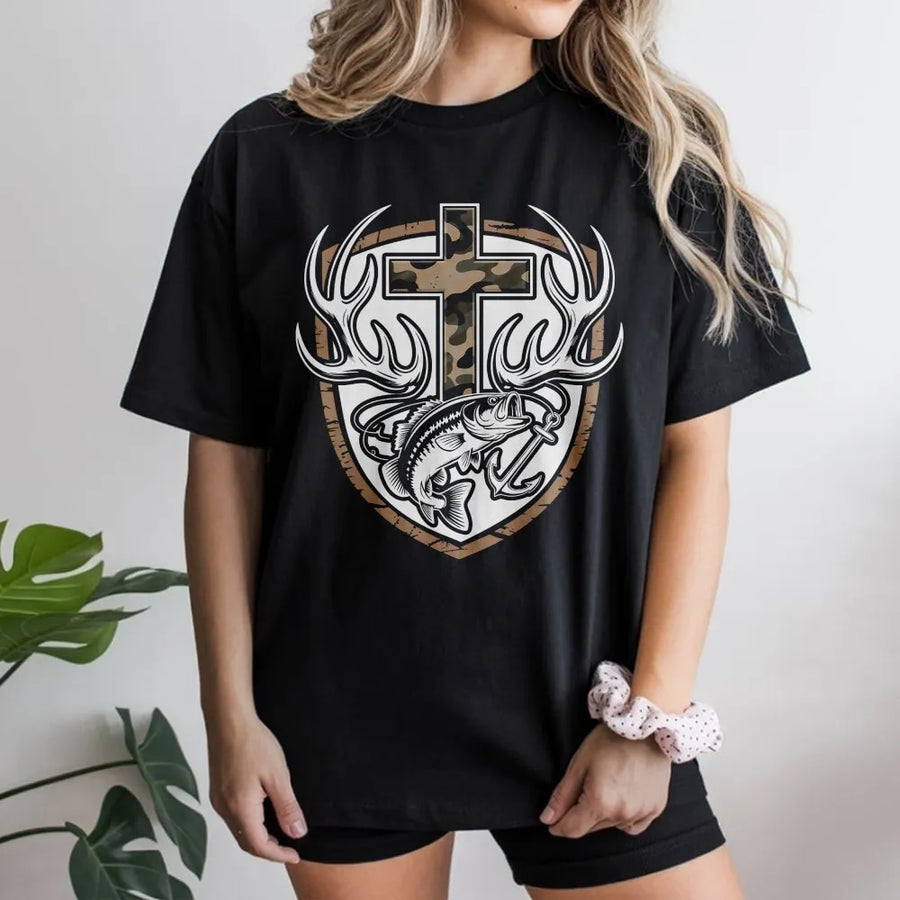 Christian Fishing Hunting T-Shirt | Camo Cross with Bass & Antlers Graphic | Premium Cotton Blend | Gift for Religious Hunter Fisherman