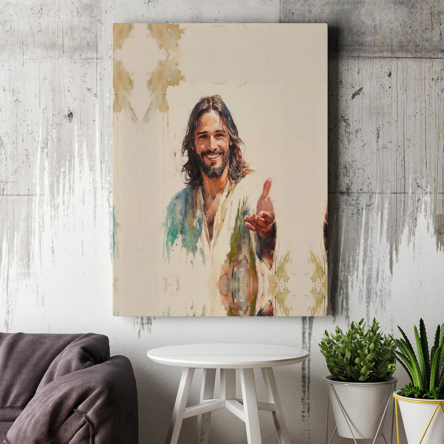 Smiling Jesus Wall Art | Watercolor Portrait Reaching Hand | Gallery Quality Canvas Print | Religious Home Decor Gift