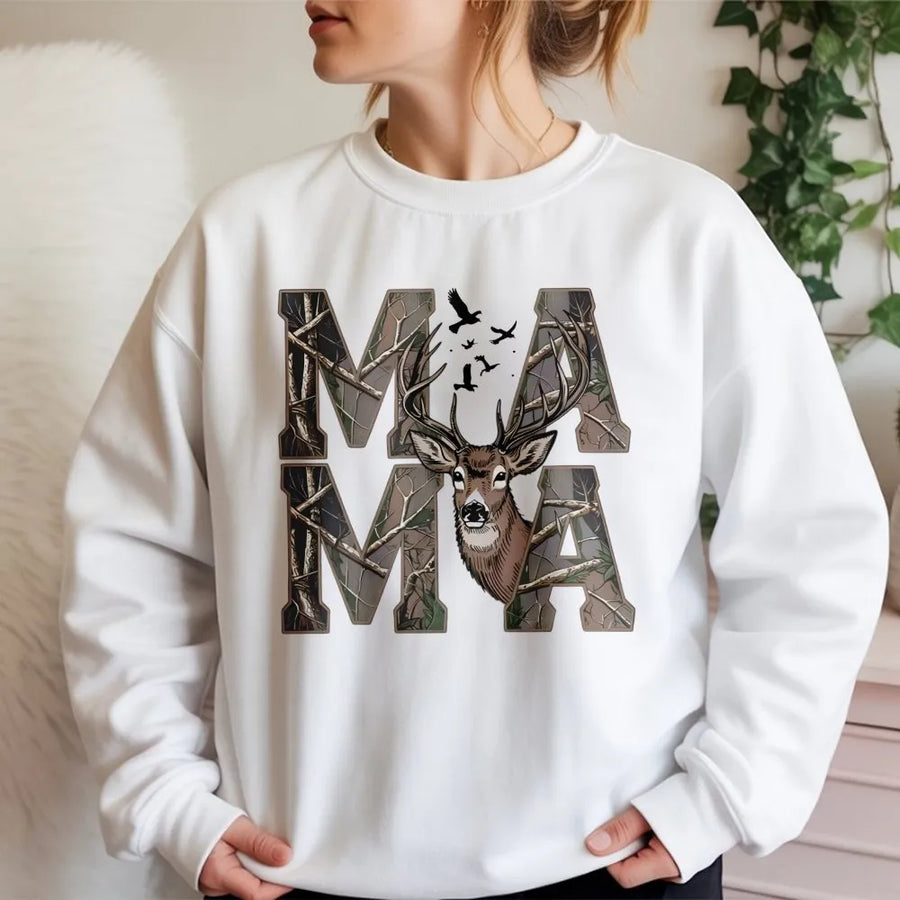 Mama Deer Sweatshirt | Camo Hunting Wildlife Graphic | Premium Cotton Blend Crewneck | Outdoorsy Mom Gift Idea