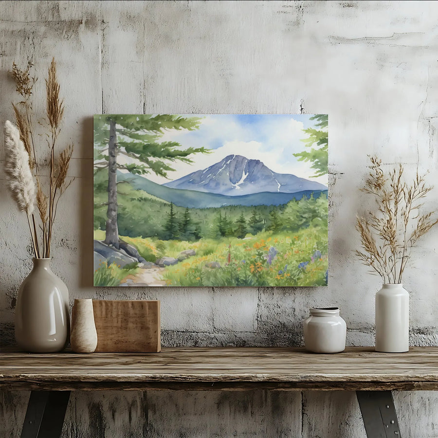 Mountain Landscape Canvas Print | Watercolor Wildflower Meadow Art | 1.25 Inch Gallery Wrap | Nature Home Decor Wall Art