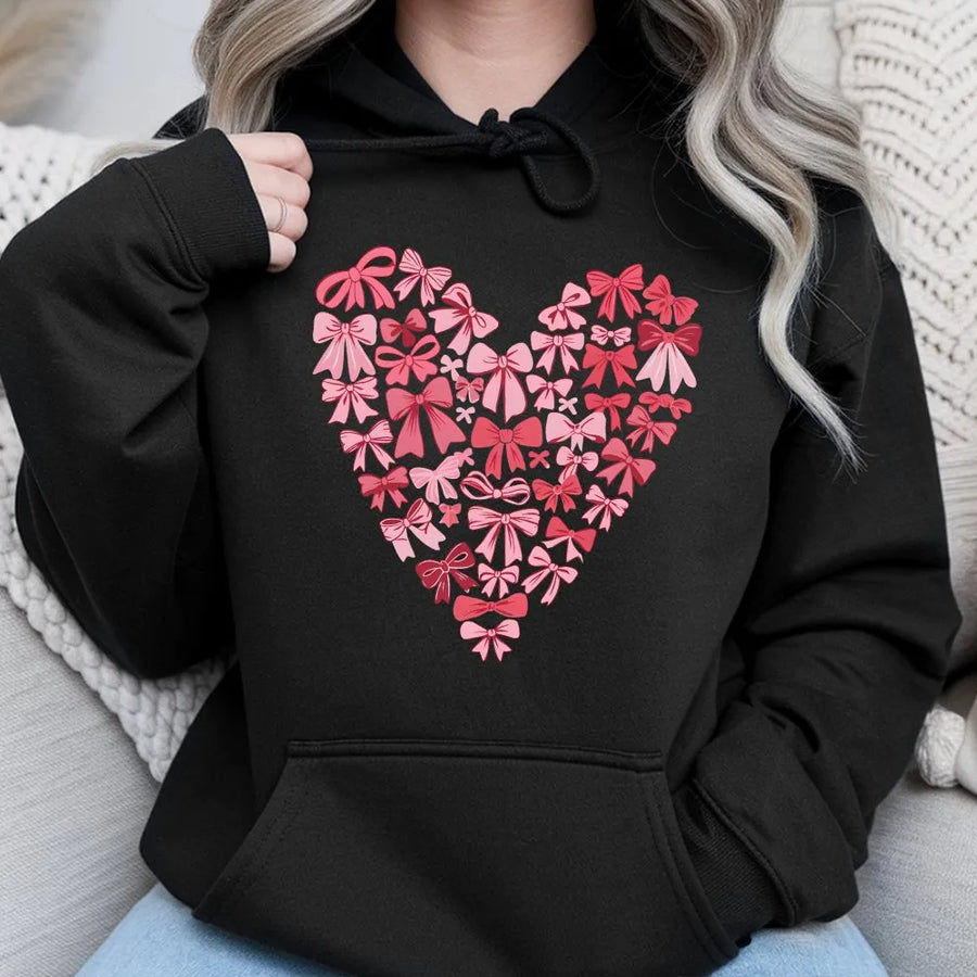 Coquette Bow Heart Hoodie | Pink Ribbon Graphic Aesthetic | Premium Cotton Blend | Romantic Valentine Gift for Her