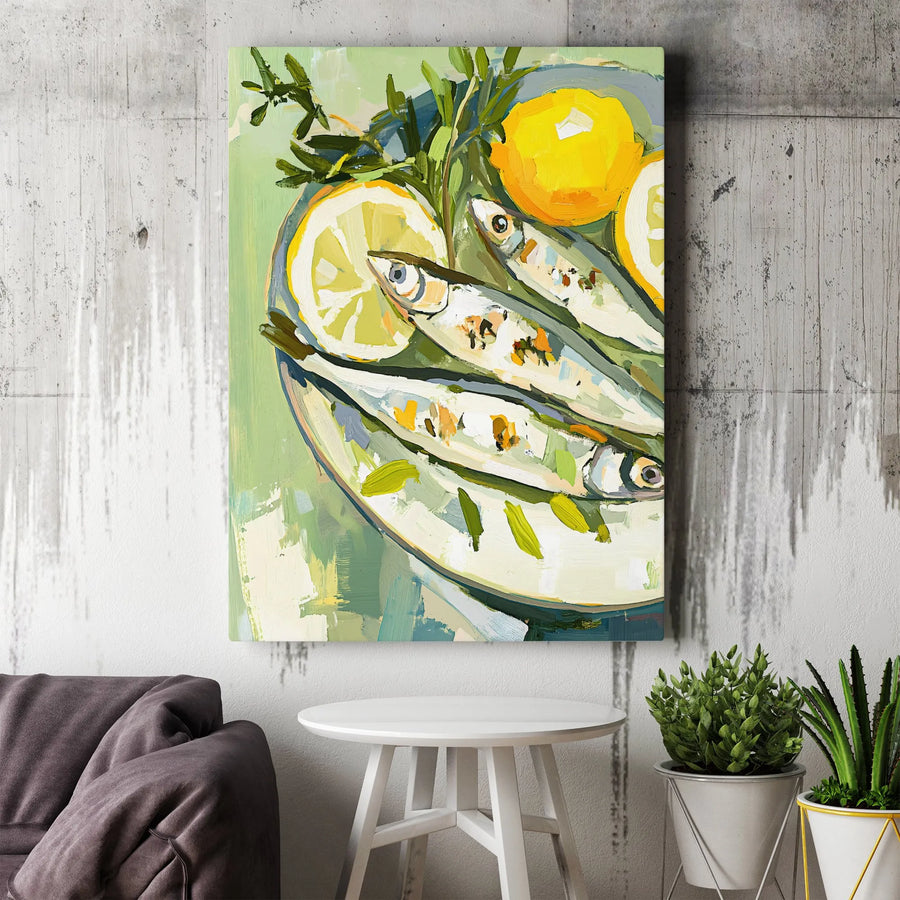 Sardines and Lemons Canvas Print | Impressionist Kitchen Wall Art | 1.25 Inch Gallery Wrap | Premium Decor for Foodie Home Chefs