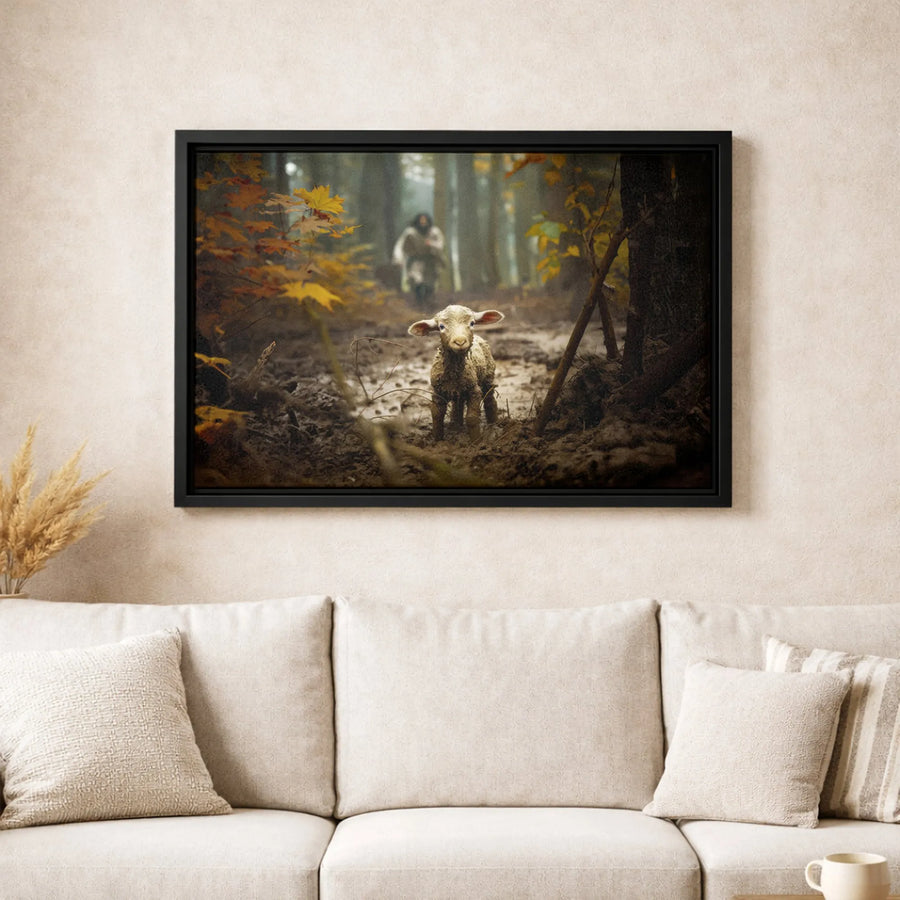 Jesus The Good Shepherd Canvas | Lost Lamb In Forest Wall Art | Premium Gallery Wrapped Print | Religious Home Decor Gift