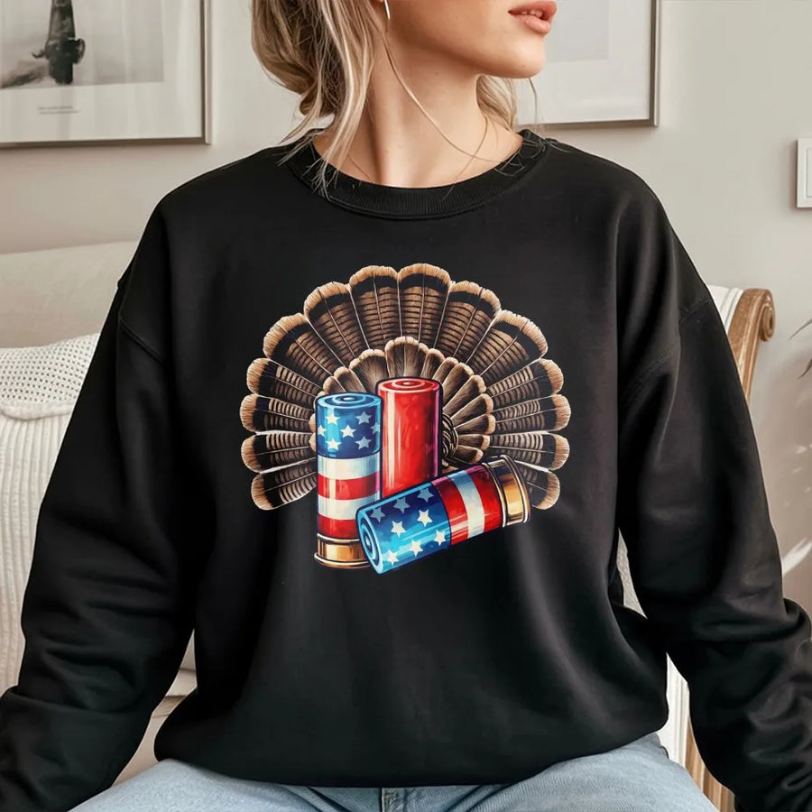 Patriotic Turkey Hunting Sweatshirt | American Flag Shotgun Shells & Feather Fan Graphic | Comfortable Cotton Blend | Gift for Hunter